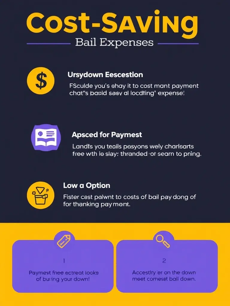 A graphic illustrating cost-saving strategies and tips for reducing bail expenses, such as flexible payment plans and low-down options.
