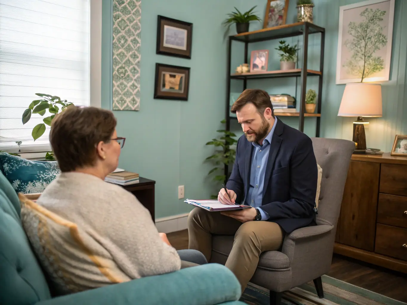 A concerned family discussing bail bond options with a representative, showcasing empathy and support in a stressful situation.