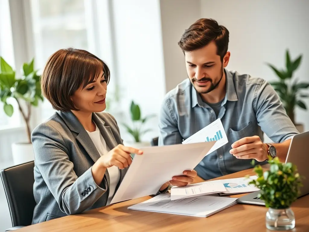 A person happily receiving financial advice and cost-saving tips from a consultant, representing the cost-saving benefits of using the resource center.