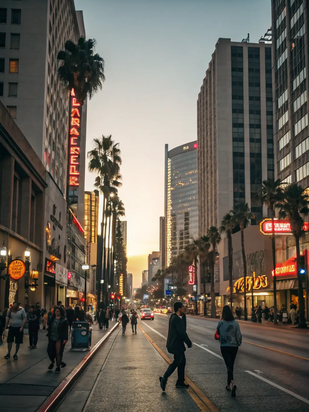 A vibrant image of downtown Los Angeles, showcasing iconic buildings and palm trees. This image represents the Los Angeles County bail bond services.