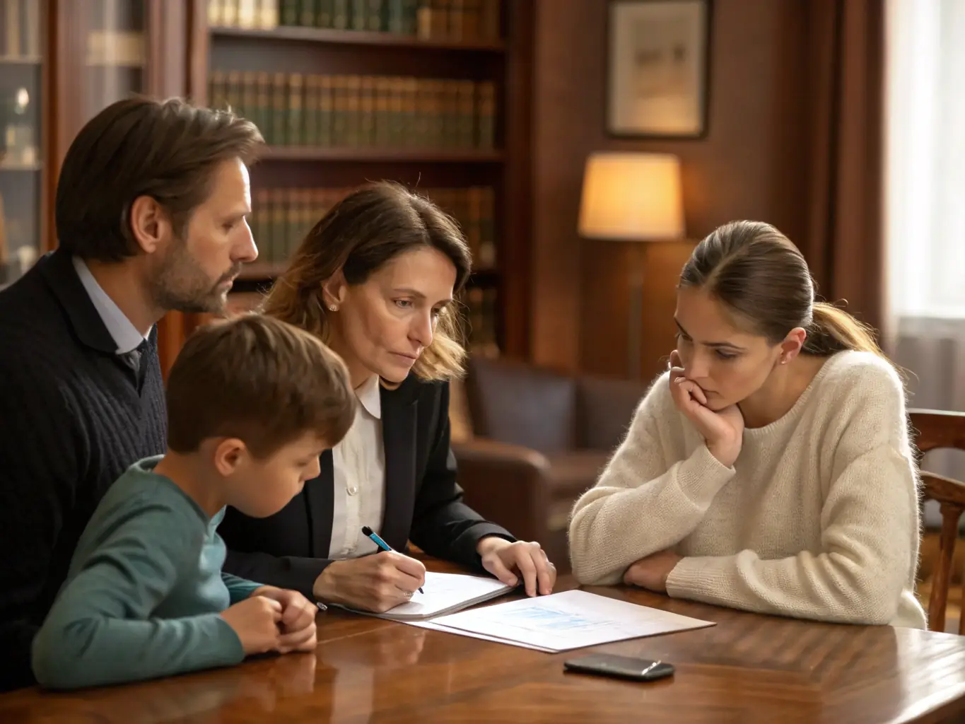 A family looking stressed and confused while reading legal documents related to bail bonds, symbolizing the complexity of the bail system.